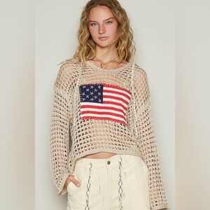 American Flag Open Knit Crochet Sweater Top - POL